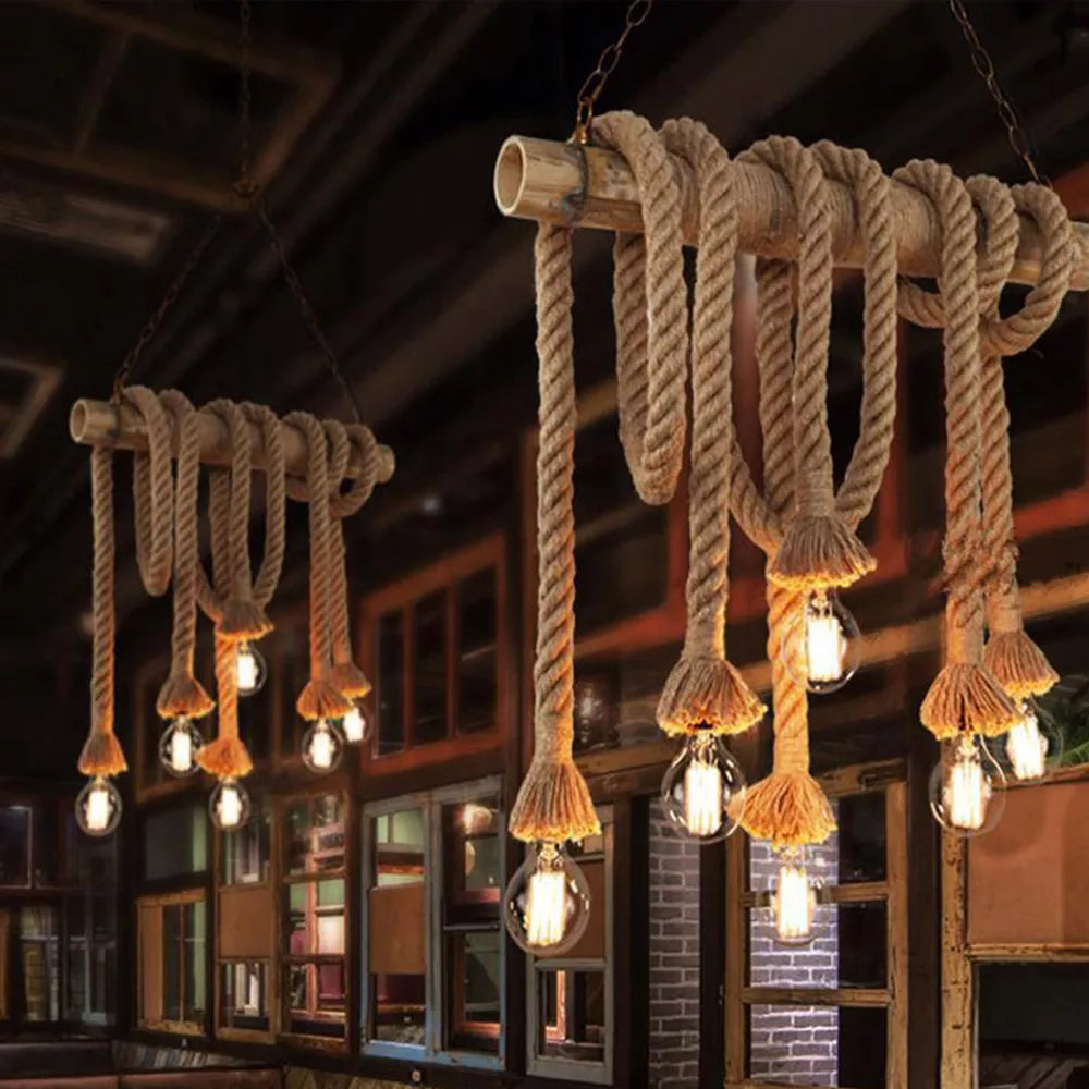 Vintage Retro Jute & Bamboo Rope Pendant Light – 6 Lamp E27 Hanging Decor (Bulb Not Included)